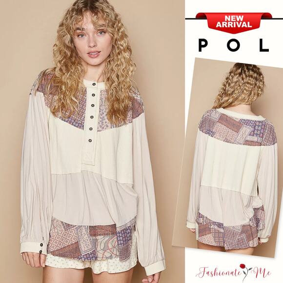 POL Printed Knit Contrast Half Button Balloon Sleeves Relaxed Fit Top | Oatmeal - Picture 1 of 6